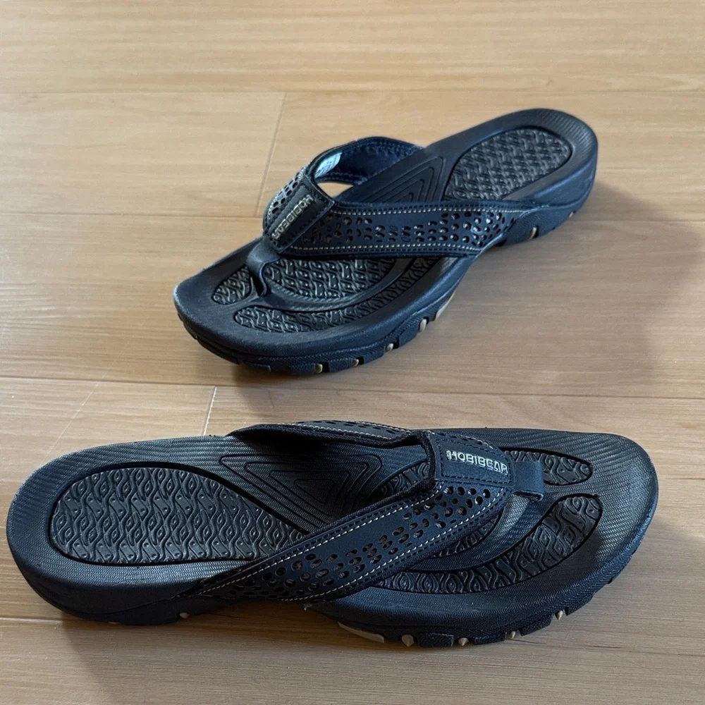NWOT HOBIBEAR MEN FLIP FLOP THONG SANDAL INDOOR OUTDOOR ARCH SUPPORT BLACK SZ 8